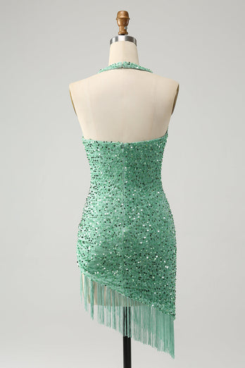 Glitter Fuchsia Sequins Halter Tight Short Prom Dress with Tassels