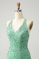 Load image into Gallery viewer, Glitter Fuchsia Sequins Halter Tight Short Prom Dress with Tassels