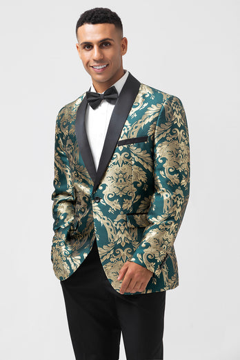 Dark Green Shawl Lapel Jacquard One Button Men's Prom Blazer