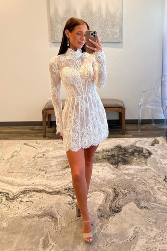 Women White A-Line Short Prom Dress High Neck Long Sleeves Lace Corset Cocktail Dress