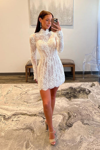 Women White A-Line Short Prom Dress High Neck Long Sleeves Lace Corset Cocktail Dress