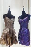 Load image into Gallery viewer, Metallic Spaghetti Straps Corset Ruched Short Prom Dress