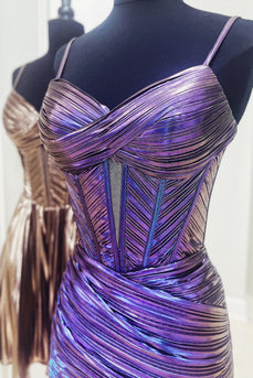 Metallic Spaghetti Straps Corset Ruched Short Prom Dress
