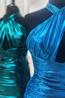 Load image into Gallery viewer, Metallic Emerald Green Tight Halter Ruched Short Prom Dress