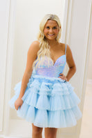 Load image into Gallery viewer, Sparkly Light Blue A-Line Tiered Sequins Spaghetti Straps Short Prom Dress