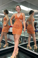 Load image into Gallery viewer, Sparkly Orange Tight Sequins Spaghetti Straps Short Prom Dress