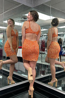 Load image into Gallery viewer, Sparkly Orange Tight Sequins Spaghetti Straps Short Prom Dress