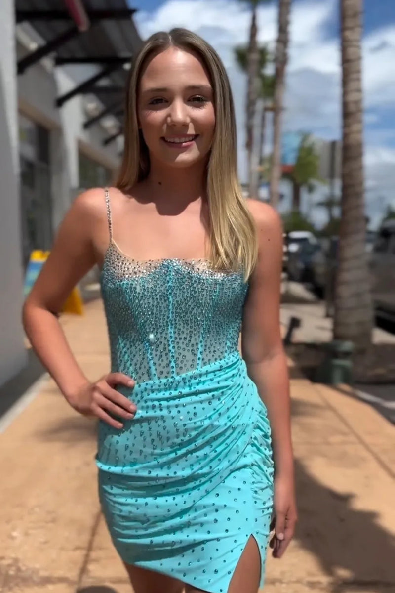 Load image into Gallery viewer, Sparkly Black Beaded Tight Spaghetti Straps Short Prom Dress