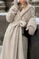 Load image into Gallery viewer, Grey Beige Long Shearling Fur with Belt Women&#39;s Coat