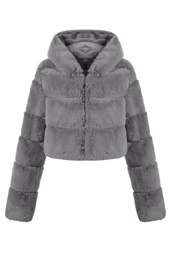 Black Fluffy Faux Fur Zip Up Short Coat