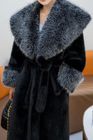 Load image into Gallery viewer, Fluffy Black Faux Fur Long Overcoat with Belt