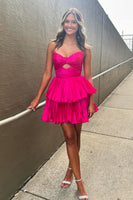 Load image into Gallery viewer, Fuchsia A-Line Strapless Hollow Out Tiered Ruched Short Prom Dress