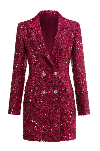 Sparkly Fuchsia Sequins Notched Lapel Women Party Blazer