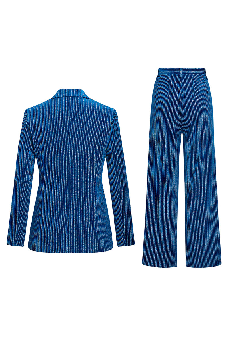 Load image into Gallery viewer, Ink Blue Notched Lapel Stripes Women Party Suits