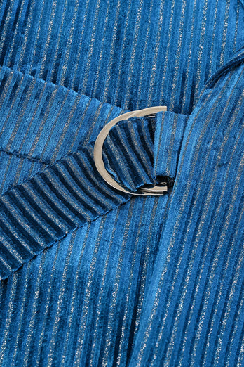 Peacock Blue Stripe Notched Lapel 2 Pieces Women Party Suits with Belt