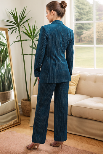 Peacock Blue Stripe Notched Lapel 2 Pieces Women Party Suits with Belt