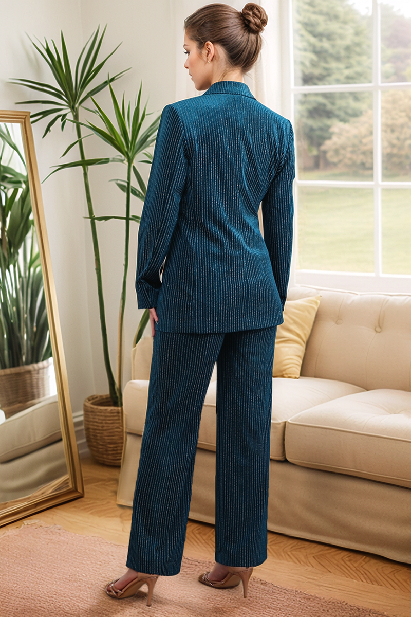 Load image into Gallery viewer, Peacock Blue Stripe Notched Lapel 2 Pieces Women Party Suits with Belt