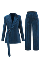 Load image into Gallery viewer, Peacock Blue Stripe Notched Lapel 2 Pieces Women Party Suits with Belt