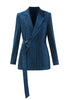 Load image into Gallery viewer, Peacock Blue Stripe Notched Lapel 2 Pieces Women Party Suits with Belt