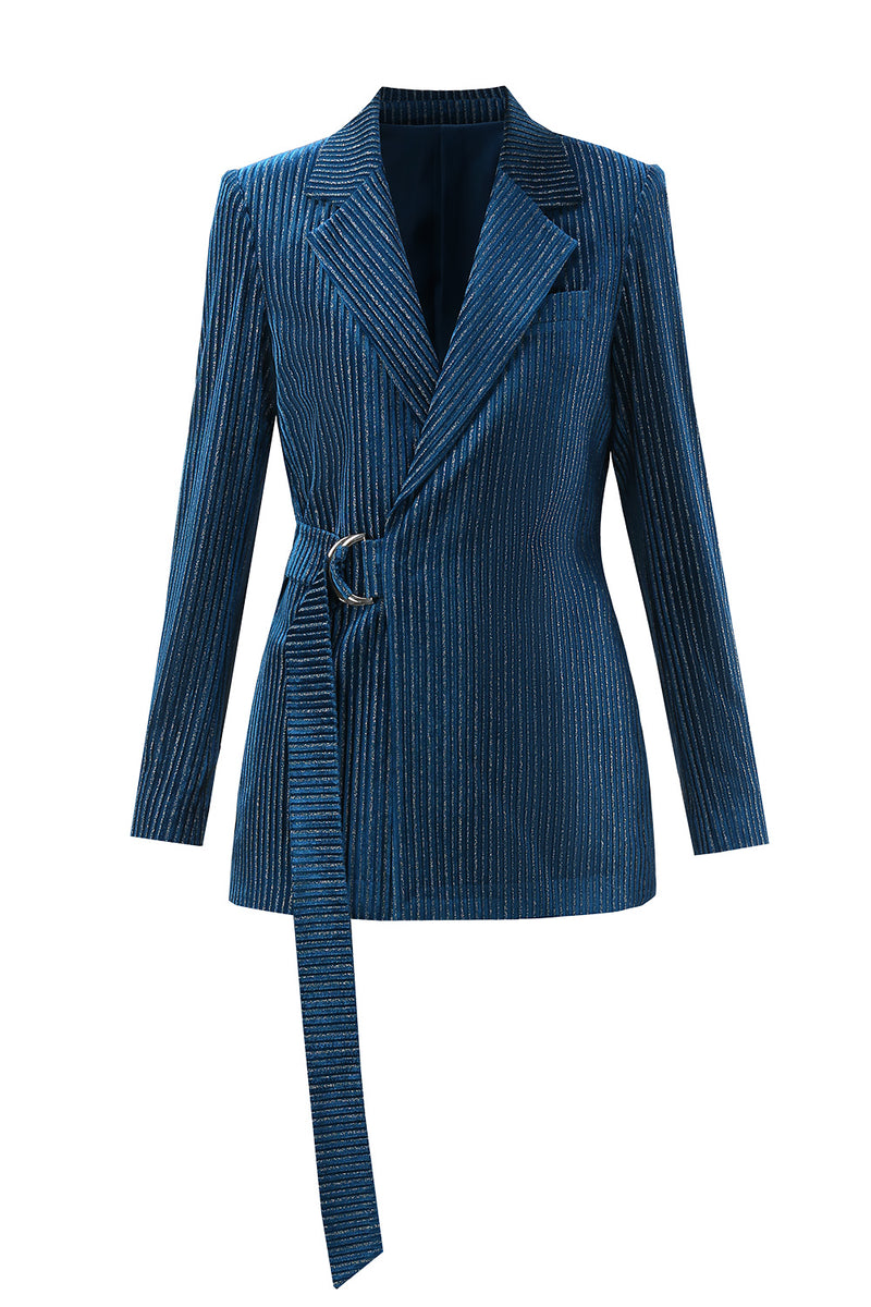 Load image into Gallery viewer, Peacock Blue Stripe Notched Lapel 2 Pieces Women Party Suits with Belt