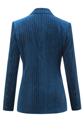 Peacock Blue Stripe Notched Lapel 2 Pieces Women Party Suits with Belt