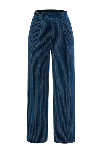 Peacock Blue Stripe Notched Lapel 2 Pieces Women Party Suits with Belt