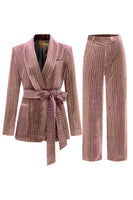 Load image into Gallery viewer, Sparkly Navy Beaded Shawl Lapel 2 Pieces Women Party Suits with Belt