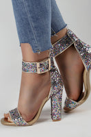 Load image into Gallery viewer, Sparkly Golden Ankle Buckle Open Toe Chunky Heels