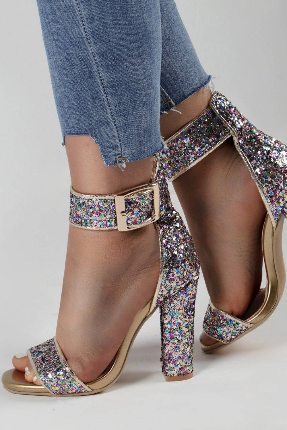Sparkly Golden Ankle Buckle Open Toe Chunky Heels