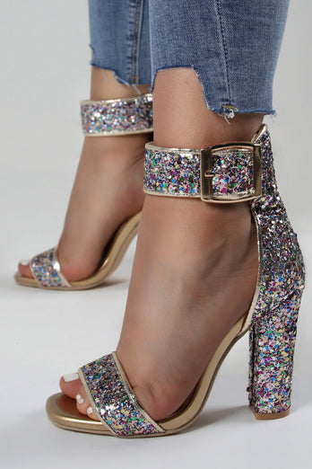 Sparkly Golden Ankle Buckle Open Toe Chunky Heels