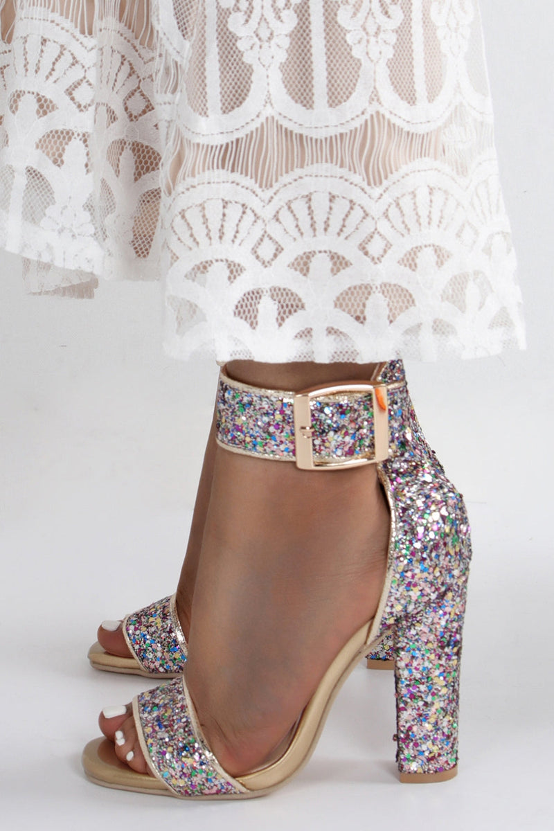 Load image into Gallery viewer, Sparkly Golden Ankle Buckle Open Toe Chunky Heels