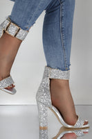 Load image into Gallery viewer, Sparkly Golden Ankle Buckle Open Toe Chunky Heels