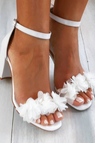 White Flowers Open Toe Ankle Buckle Chunky Heels