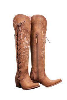 Brown Embroidery Lace-Up Knee Boots