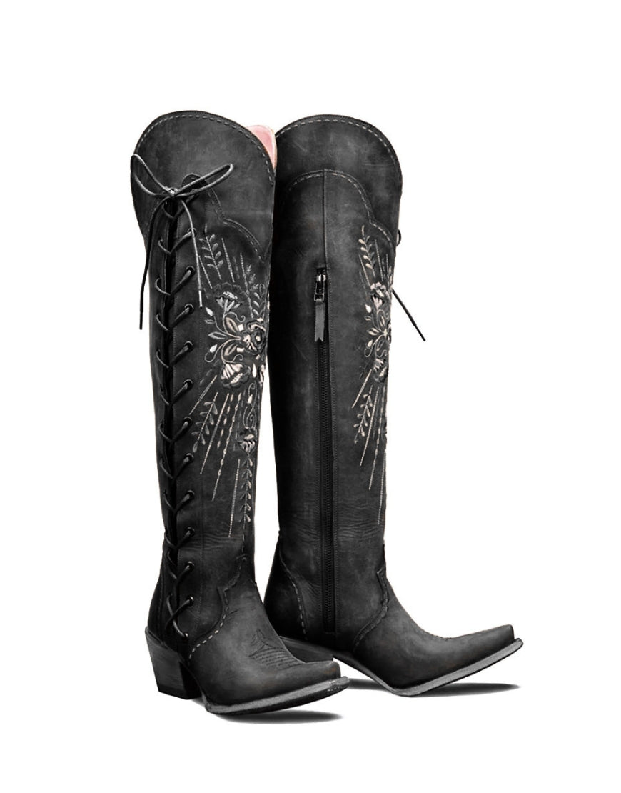 Load image into Gallery viewer, Brown Embroidery Lace-Up Knee Boots