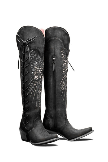Brown Embroidery Lace-Up Knee Boots