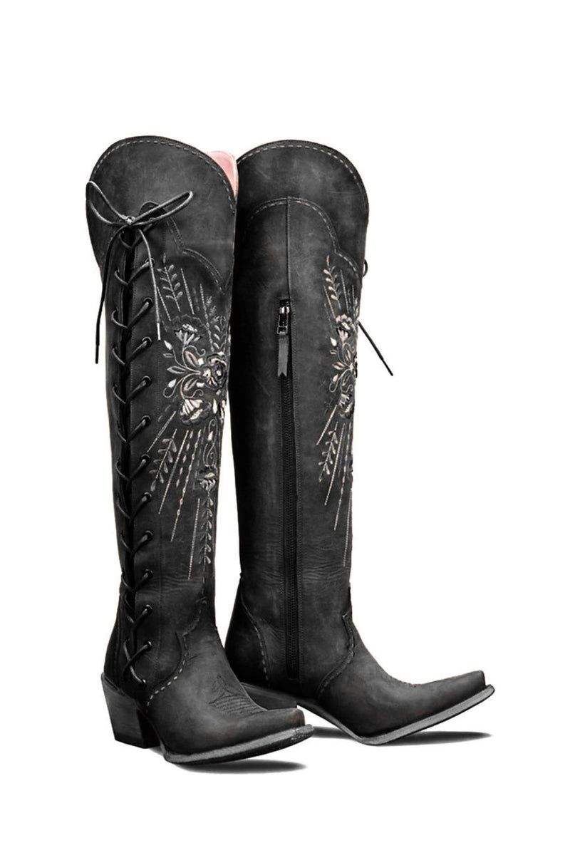 Load image into Gallery viewer, Brown Embroidery Lace-Up Knee Boots