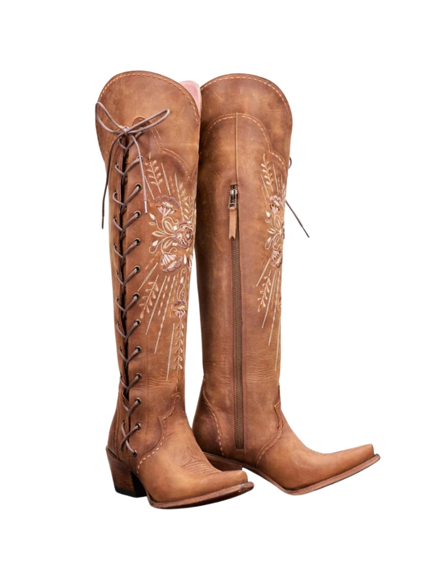 Load image into Gallery viewer, Brown Embroidery Lace-Up Knee Boots