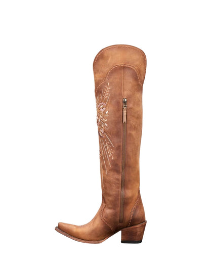 Brown Embroidery Lace-Up Knee Boots