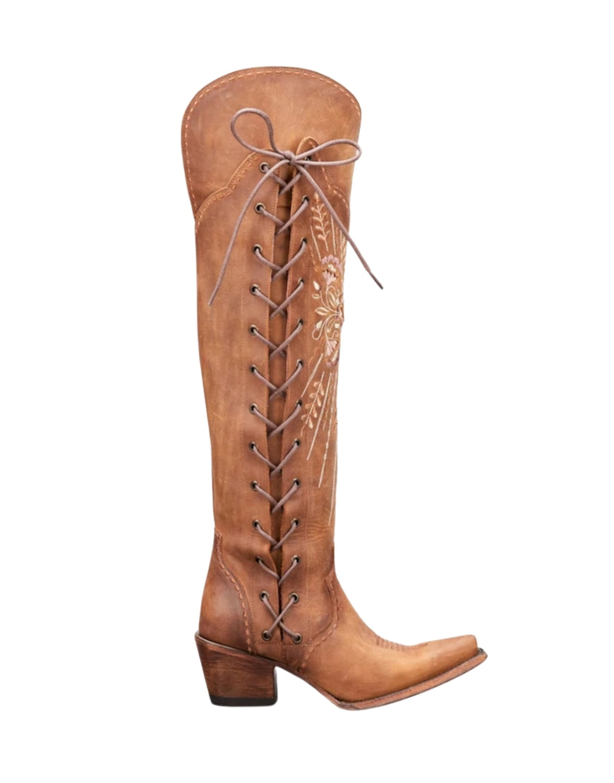 Load image into Gallery viewer, Brown Embroidery Lace-Up Knee Boots