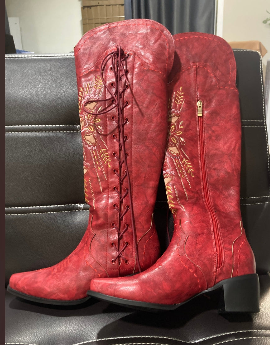 Load image into Gallery viewer, Brown Embroidery Lace-Up Knee Boots