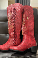 Load image into Gallery viewer, Brown Embroidery Lace-Up Knee Boots