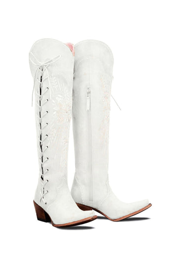Brown Embroidery Lace-Up Knee Boots