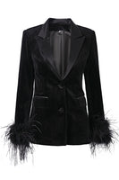 Load image into Gallery viewer, Queendancer Women Black Peak Lapel Velvet Blazer with Feathers Single Breasted Jacket