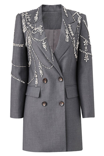 Sparkly Grey Peak Lapel Beaded Double-Breasted Blazer