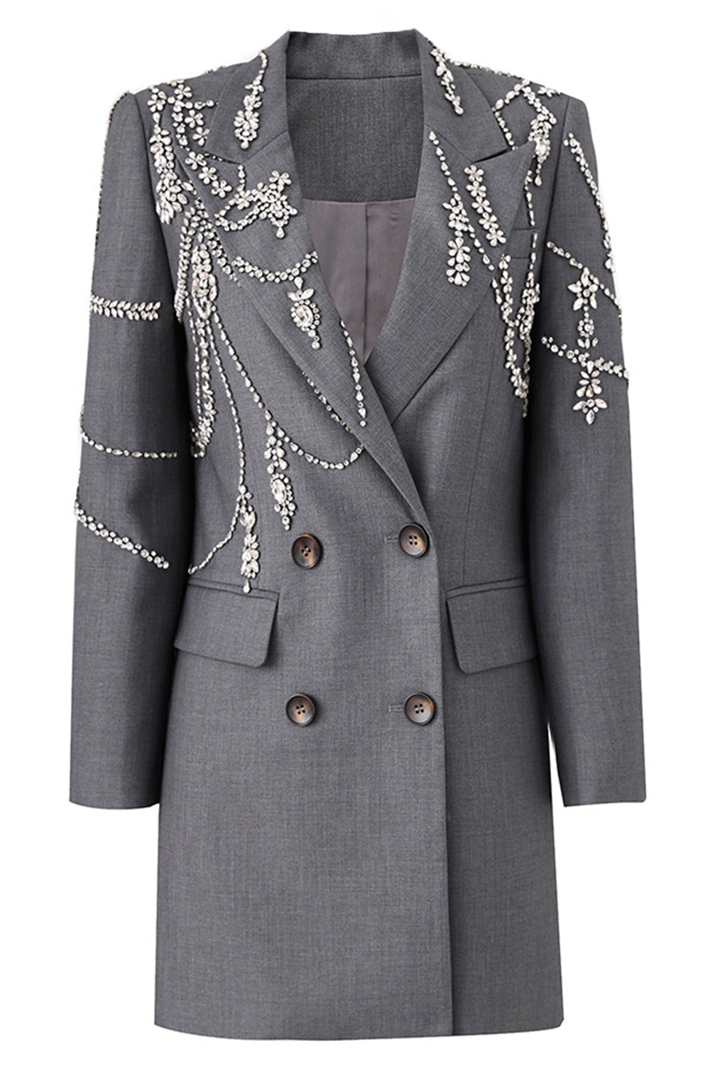 Sparkly Grey Peak Lapel Beaded Double-Breasted Blazer