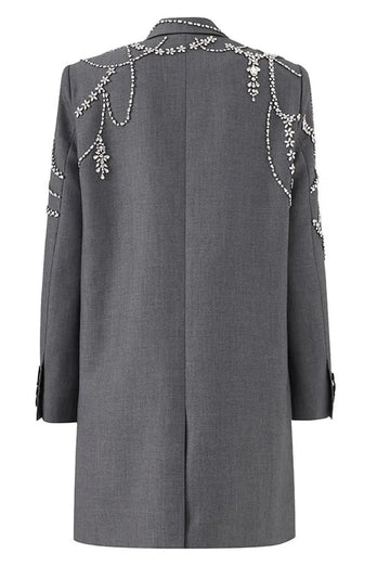Sparkly Grey Peak Lapel Beaded Double-Breasted Blazer