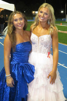 Load image into Gallery viewer, Metallic Fuchsia A-Line Strapless Ruched Long Prom Dress with Bow