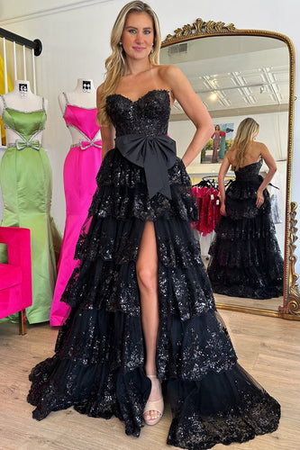Sparkly Black Tiered Long Strapless Prom Dress with Bow