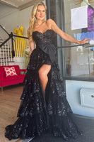 Load image into Gallery viewer, Sparkly Black Tiered Long Strapless Prom Dress with Bow
